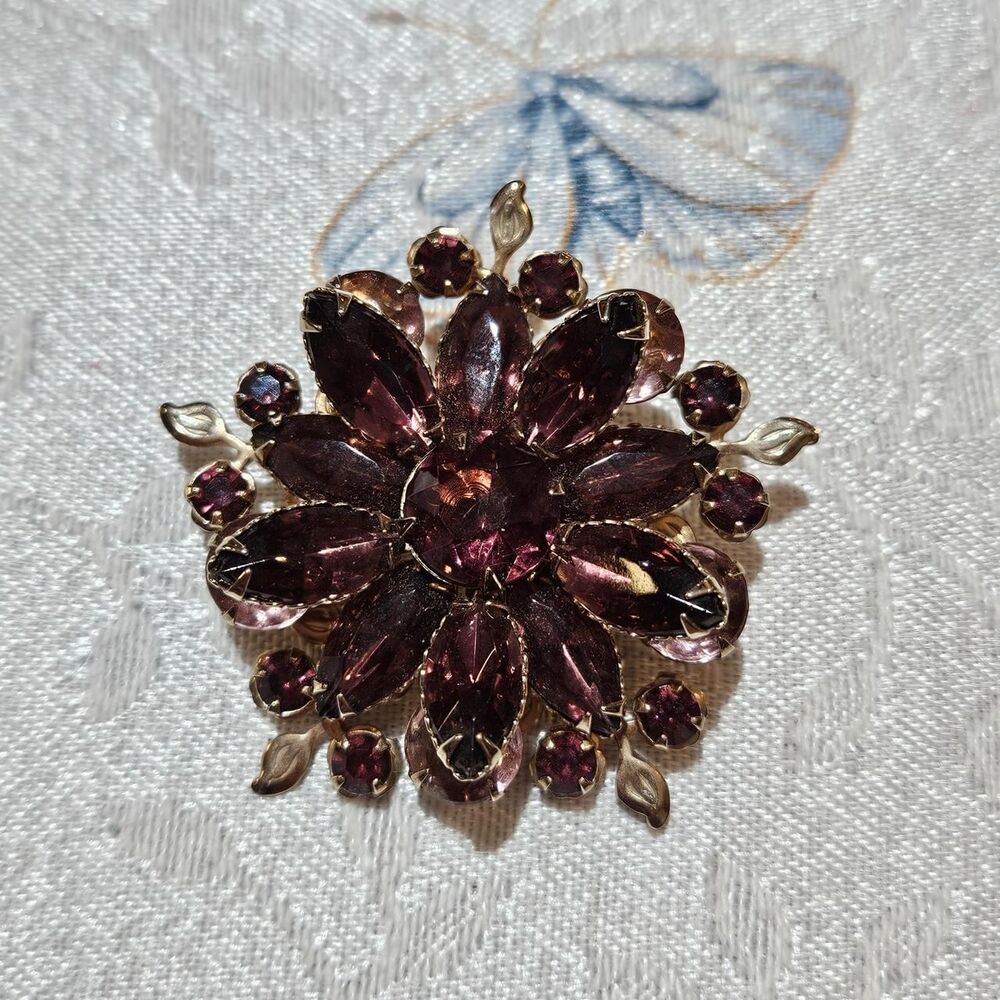 vintage boho whimsical purple rhinestones flower brooch